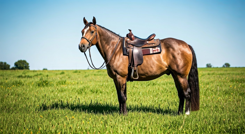 a gaited horse bay color with a saddle on standing in a field