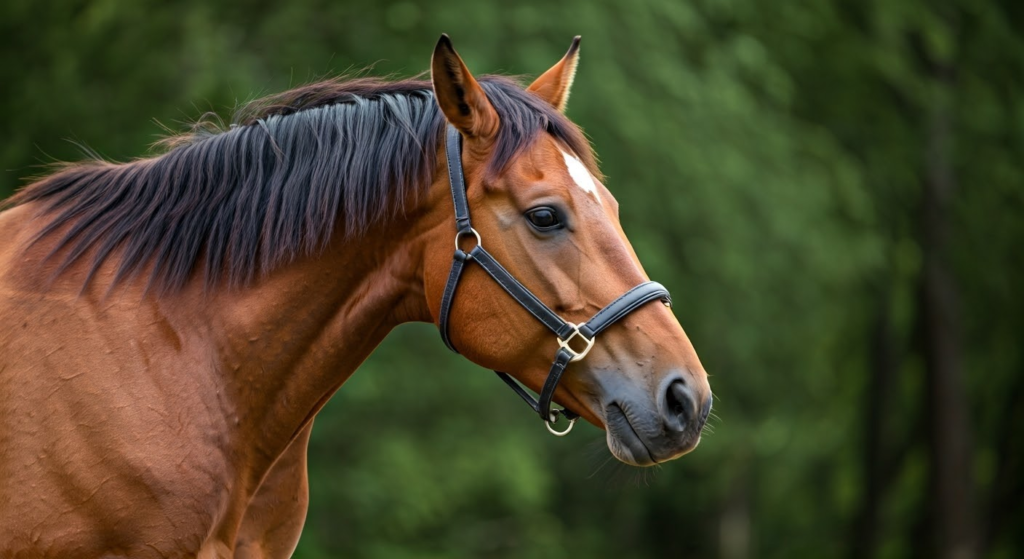 a beautiful bay horse with a halter on this horse is gaited which means is moves very smooth when you ride it. 