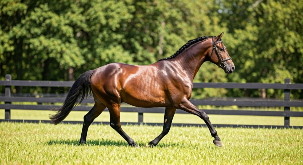 A really nice bay horse moving in a field with a fence behind it