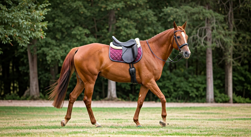 a chestnut gaited horse with a saddle on trotting in a grass ring