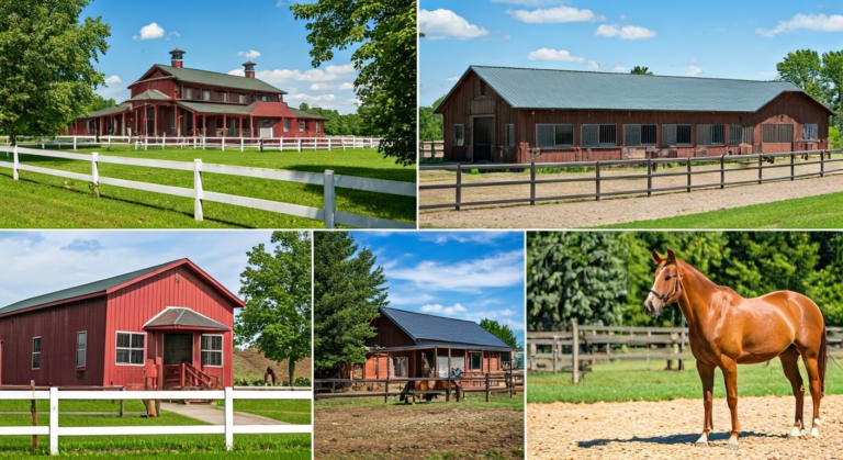 horse baording facilities and a horse it is a collage of various places