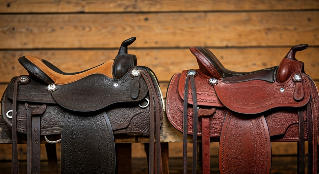 two western saddles one darker almost black and one a reddy brown